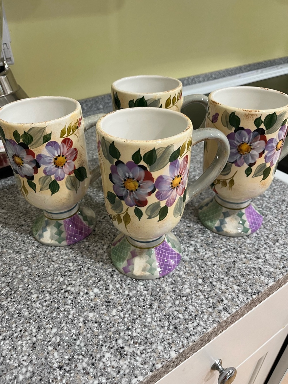 GIBSON 4 Hand-Painted Purple & Green Wild Flower Whisper Pedestal Mug Set of 4